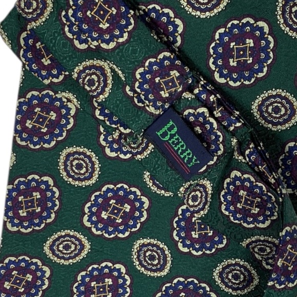 BERRY LOGAN Green/Blue Medallion Silk LUXURY Ascot Cravat HANDMADE ITALY - Picture 2 of 4